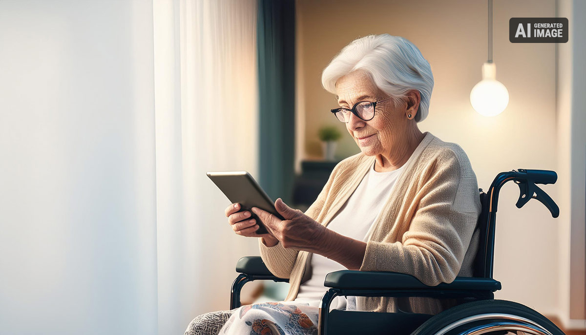 Eine alte Frau sitzt in einem Rollstuhl und blickt auf ein Tablet-PC welchen sie in ihren Händen hält.